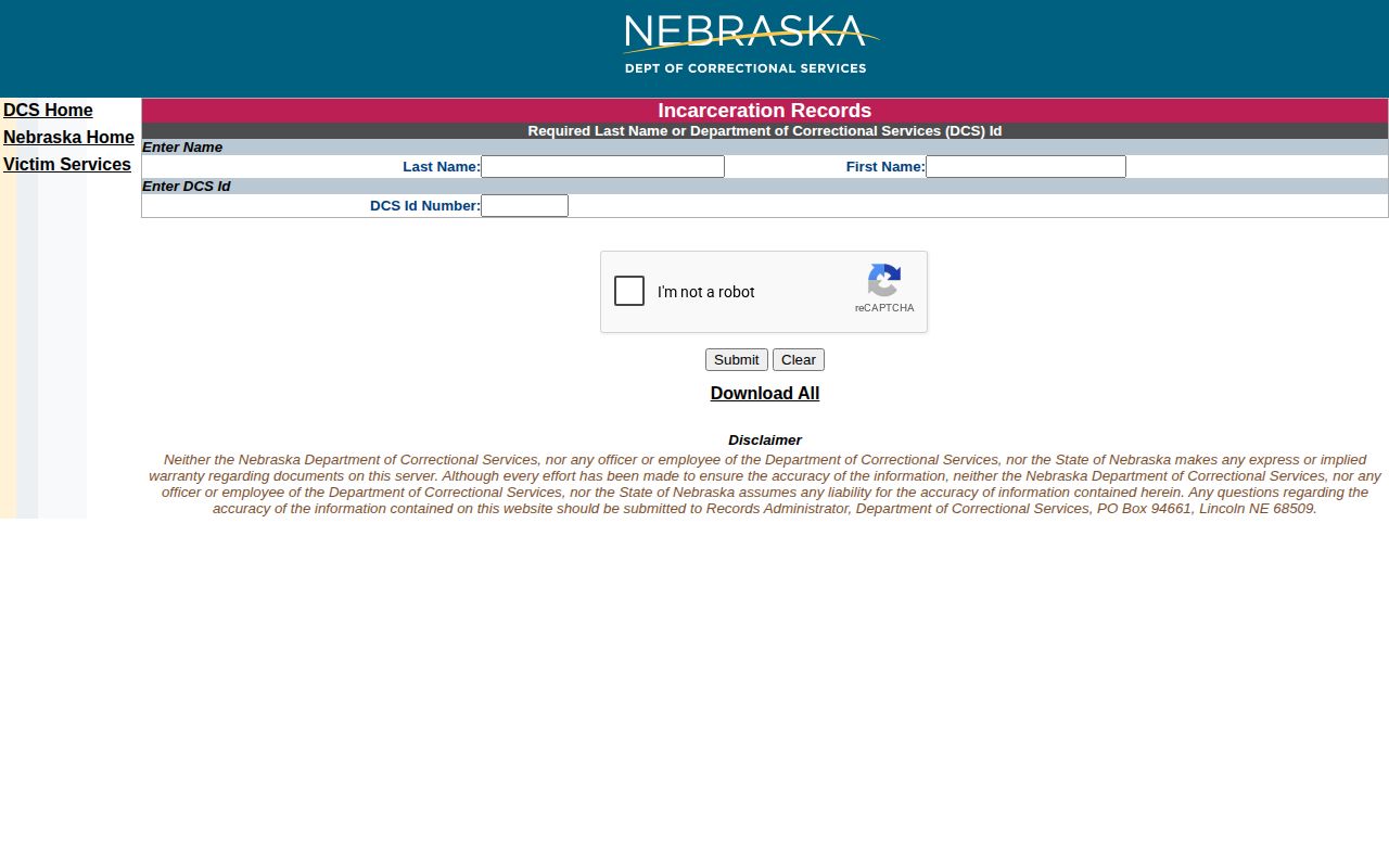Colfax County record lookup using the Nebraska Department of Correctional Services inmate search